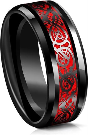 TrulyAlpha Titanium Mens Wedding Band - Red Celtic Dragon Ring | 8mm, Polished B