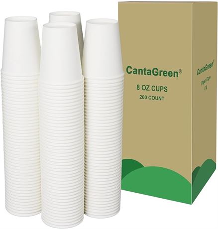 200 Count, 8 OZ - CantaGreen Heavy-duty White Paper Coffee Cups, Disposable Hot