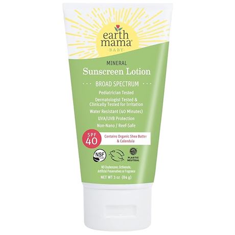 3 oz (84g) - Earth Mama Baby Mineral Sunscreen Lotion SPF 40 | Reef Safe, Non-Na
