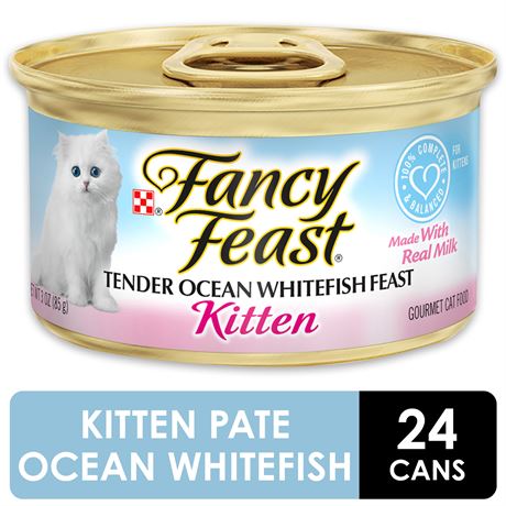 24 PACK Fancy Feast Wet Cat Food, Kitten, Tender Ocean Whitefish Fea...