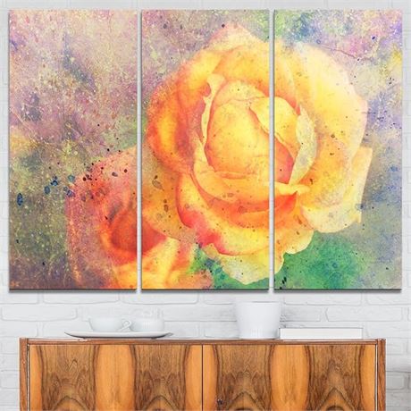 36"x28" - Designart MT6375-3P Rose Watercolor-Floral Glossy Metal Wall Art, Yell