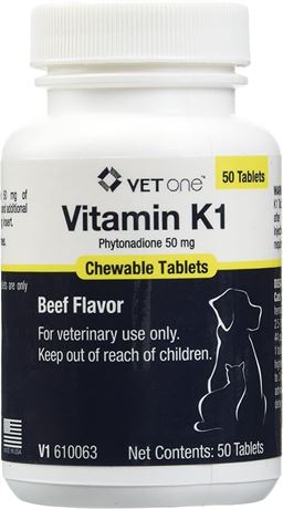 50 Tablets - VetOne Vitamin K1 Chewable Tablets, Phytonadione 50mg, Beef Flavor.