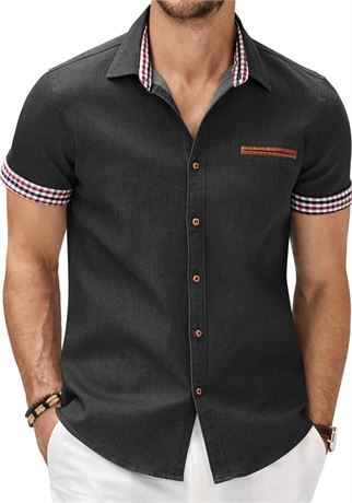 3XL - Men's Casual Short Sleeve Button Down Dress Shirt Denim Work Shirts