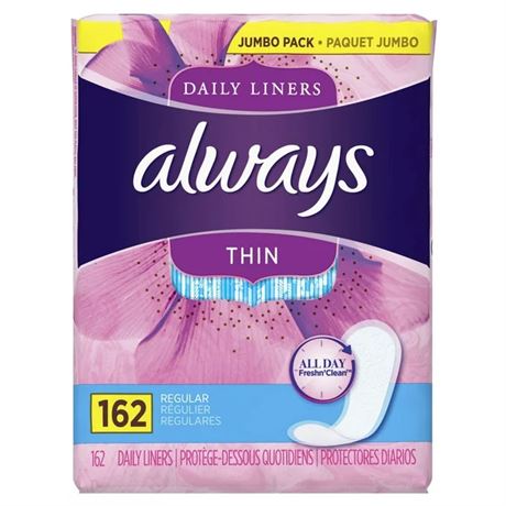 Always Thin No Feel Protection Daily Liners Regular Absorbency Unscented 162 Ct