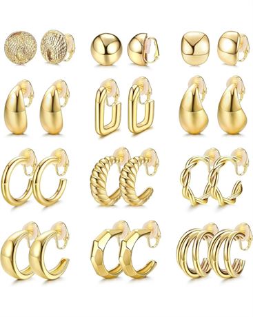 Florideco 12Pair Clip on Hoop Earrings Womens Gold Clip on Earrings Twist Round