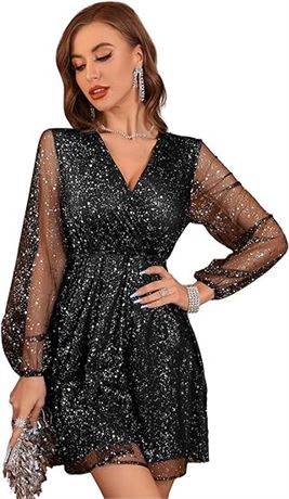M, Women's Lantern Long Sleeve V Neck Mesh Cocktail Party Short Dress Without Be