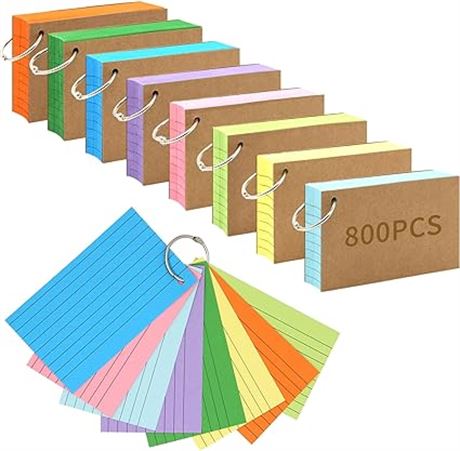 800 PCS Index Cards 3x5 Inches Colored Flash Cards with Ring, Punched Lined Flas