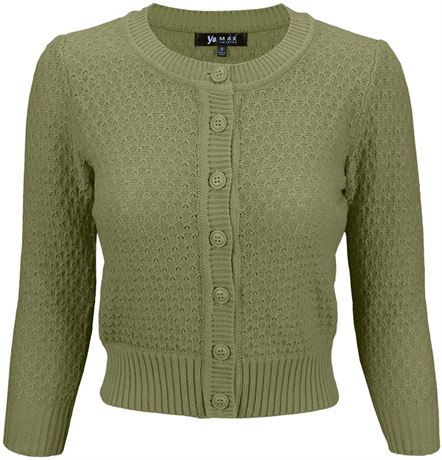 XLARGE - YEMAK Women's Cropped Cardigan Sweater – 3/4 Sleeve Crewneck Basic Clas