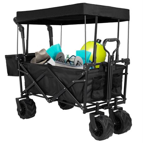TLSUNNY Collapsible Wagon Cart with Removable Canopy, Big All-Terrain Wheels Bea