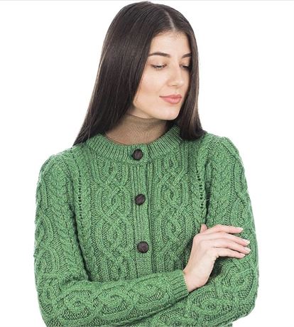 Size-L, SAOL Irish Ladies Wool Cardigan Sweater Cable Knit Made in Ireland