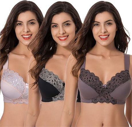 42D, Curve Muse Plus Size Unlined Minimizer Wirefree Bras with Embroidery Lace