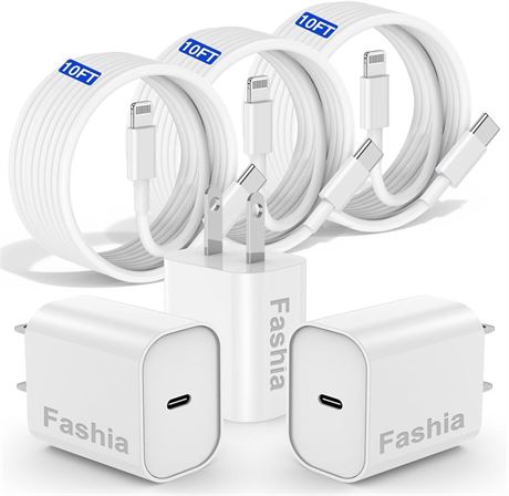 [3x10FT] for iPhone Charger, [MFi Certified] 20W USB C Wall Charger with 10 ft