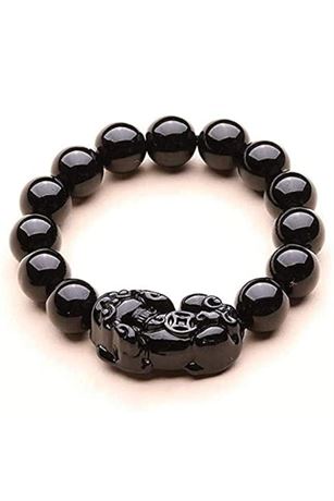 LIYAPEI Black Obsidian Bracelet, 12mm Feng Shui Black Obsidian Wealth Bracelet