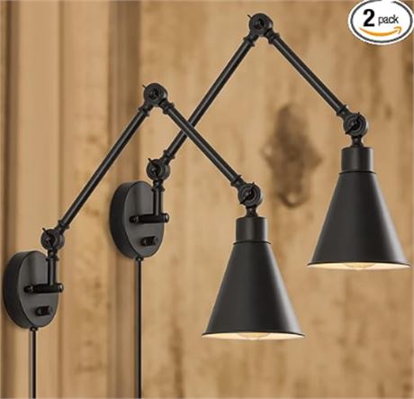 Set of 2 - Swing Arm Wall Lamp for Bedroom, Plug in Wall Light Fixture with Dimm