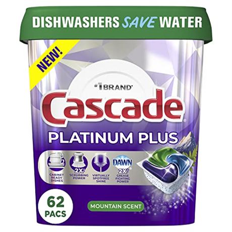 Cascade Platinum Plus Dishwasher Detergent Pacs Mountain Scent 62 Count