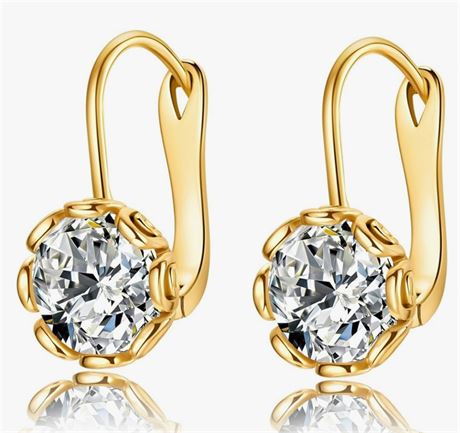 Round Crystal Flower Leverback Drop Earrings for Women 14k Gold Plated Sparkling