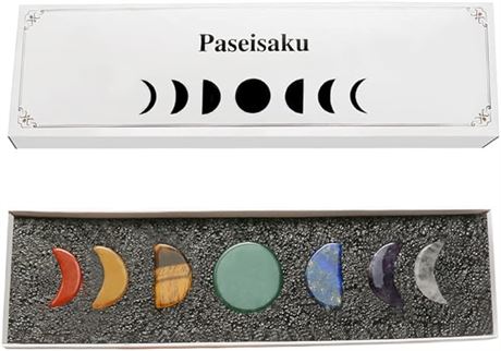 Paseisaku 7 Chakra Stones Set Moon Phase Carved - Natural Gemstone Reiki Healing
