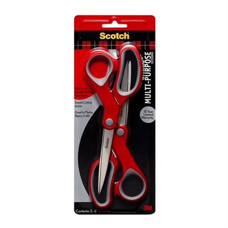 2 pack Scotch Multi-Purpose Scissors, 8" Length, Straight, Gray/Red