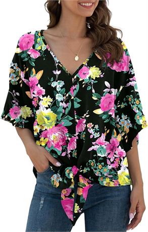 XL, VIISHOW Womens Tie Front Chiffon Blouses V Neck Batwing Short Sleeve Summer