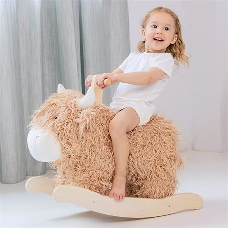Baby Rocking Horse for 1 Year Old,Wooden Cow/Yak Horse Rocking with Wicker Plush