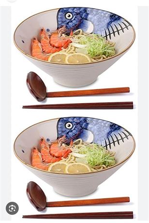 NJCHARMS Ceramic Ramen Bowl Set of 2, 60 oz Japanese Noodle Soup Bowls with Spoo
