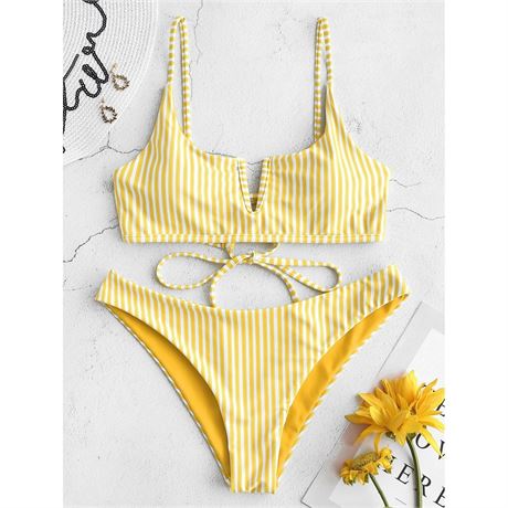 ZAFUL for Women V-wired Tie Striped Bikini Set Rubber Ducky Yellow M
