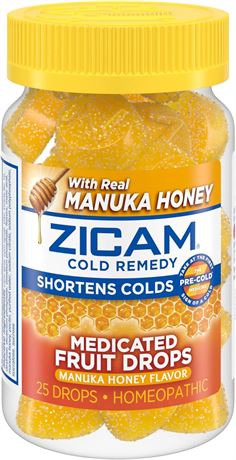 25 Count - Zicam Cold Remedy Zinc Medicated Fruit Drops, Manuka Honey Flavor, Ho