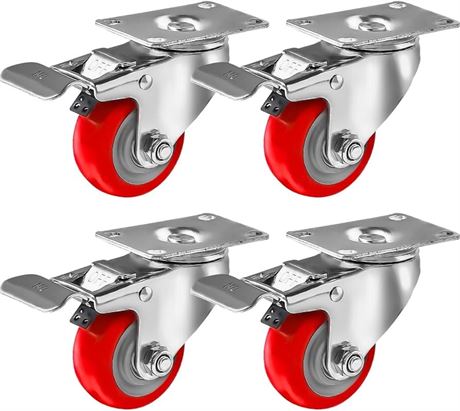 Online Best Service 4 Pack Caster Wheels Swivel Plate On Red Polyurethane Wheels (3 inch with Brake)