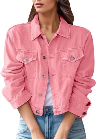 2XL, Lapel Stretch Jean Jackets for Women Loose Fitting Solid Color Long Sleeve