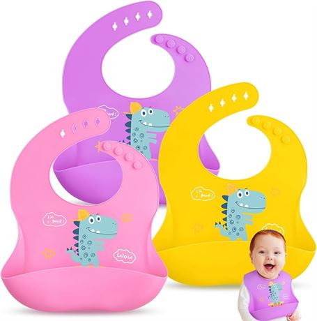 NPET 3PCS Silicone Baby Bibs for Babies & Toddlers, Waterproof Baby Bibs for Eating BPA Free Toddler Bibs 1-3 Years Soft Adjustable Fit Cute Dinosaur Baby Gift Bibs for Baby Boy Girl