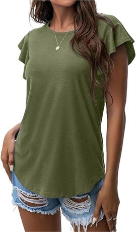 PrinStory Womens Top Casual Short Sleeve T-Shirt Round Neck Ruffle Sleeve - 2XL