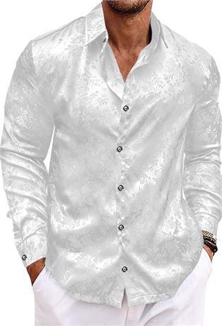 SIZE:XXL, Blissshow Men's Long Sleeve Dress Shirts Silk Floral Button Up Shirts