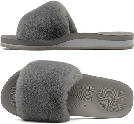 SZ 7 Womens Slides Fuzzy Slippers Open Toe Fluff Slippers With Arch Support