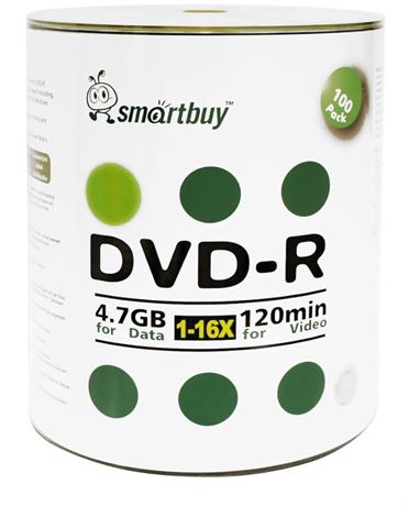 Smart Buy 100 Pack DVD-R 4.7gb 16x Logo Blank Data Video Movie Recordable Disc,