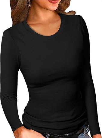 SIZE:S, Women Ribbed Round Neck Slim Fitted Long Sleeve