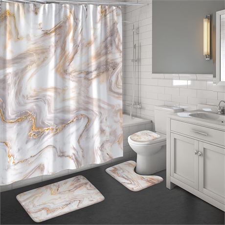 MitoVilla 4 Pcs Rose Gold Marble Bathroom Sets with Shower Curtain and Rugs and