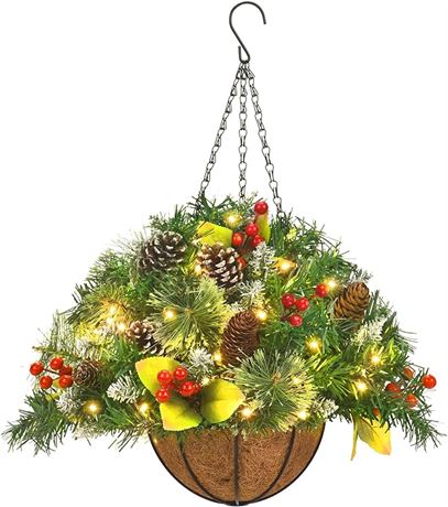 20 Inches - Artificial Christmas Hanging Basket, Decorated with Frosted Pine Con