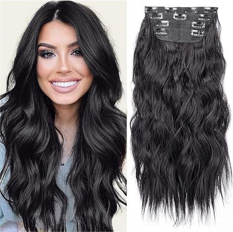 Clip in Hair Extensions 4PCS Black Thick Hair Piece Long Wavy Clip in Extensions
