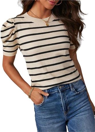 SMALL Dokotoo Women's Puff Sweater Tops 2024 Trendy Crewneck Casual Striped Pullover Knitted Shrug Sweaters