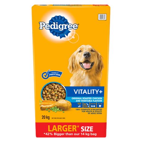 20kg (Pack of 1) PEDIGREE VITALITY+ Adult Dry Dog Food, Roasted Chicken and Vege