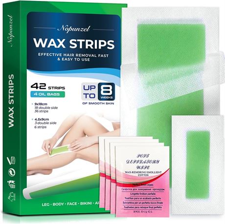 Nopunzel Wax Strips, Waxing Strips, for Hair Removal 42 Strips 4 Oil Bags