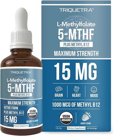 (1oz) L Methyl Folate 15mg Plus Methyl B12 Cofactor – Organic, Berry Flavor