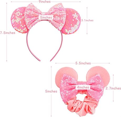 2 Pack Mouse Ear Headbands Sequin Bow Hairbands Mouse Ears Scrunchies Velvet Seq