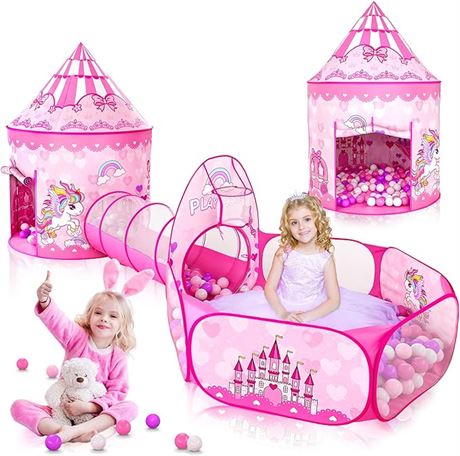 3pc Princess Castle Play Tent for Kids Girls Pop Up Play Tunnel Ball Pit Gift fo
