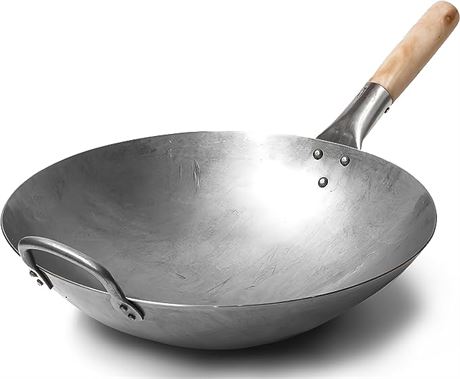 Craft Wok Traditional Hand Hammered Carbon Steel Pow Wok with Wooden