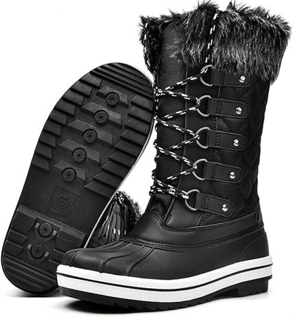 EU39- Snow Boots for Women Winter Shoes Fur Lined Warm Mid Calf Boots Slip On Wa