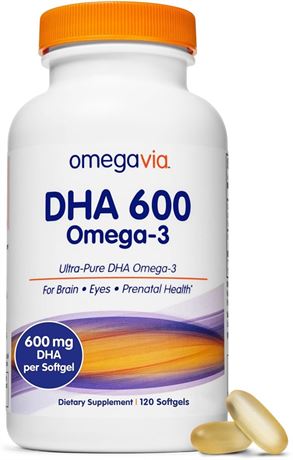 OmegaVia DHA 600 mg - Ultra Pure Omega-3 DHA Supplements  - 120 Softgels