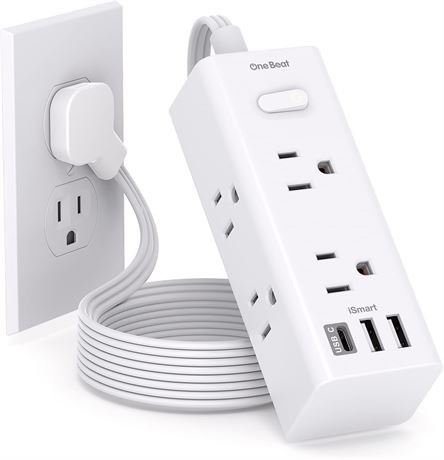 Flat Extension Cord, Plug Power Strip with 6 Outlets 3 USB Ports (1 USB C)