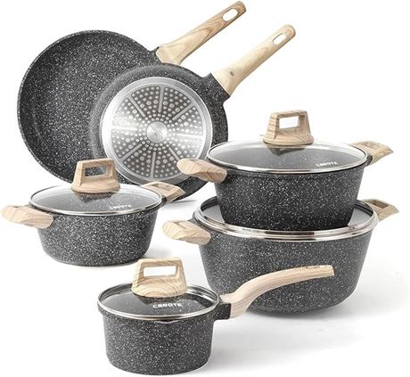CAROTE Nonstick Granite Cookware Sets, 10 Pcs Pots and Pans Set, Non Stick Stone