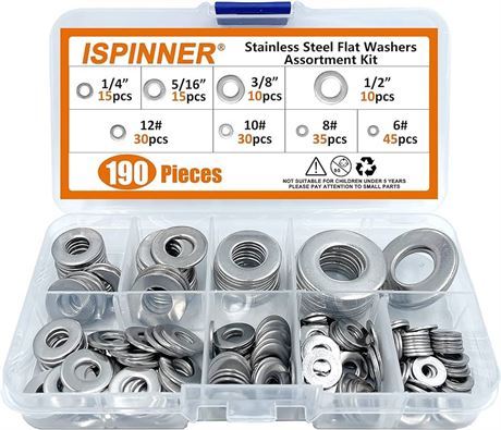 ISPINNER 190pcs 304 Stainless Steel Flat Washers Assortment Kit, 8 Sizes 1/2" 3/8" 5/16" 1/4" 12# 10# 8# 6#